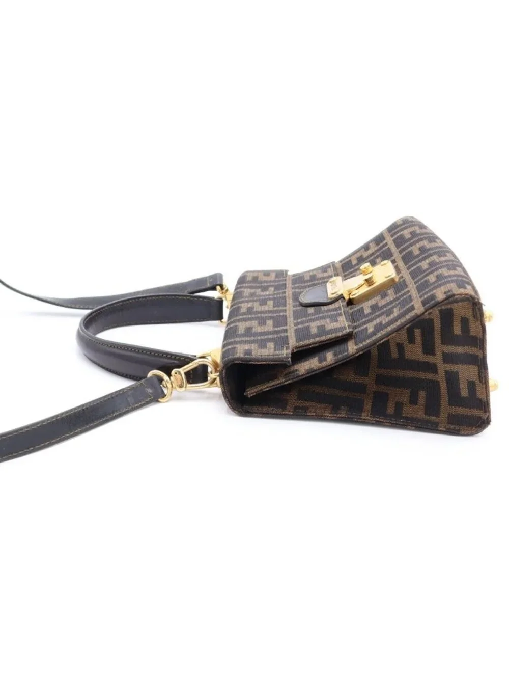 Fendi Zucca 2-Way Shoulder Bag Brown Leather Gold